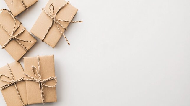 Brown Gift Boxes Tied with String on White Background