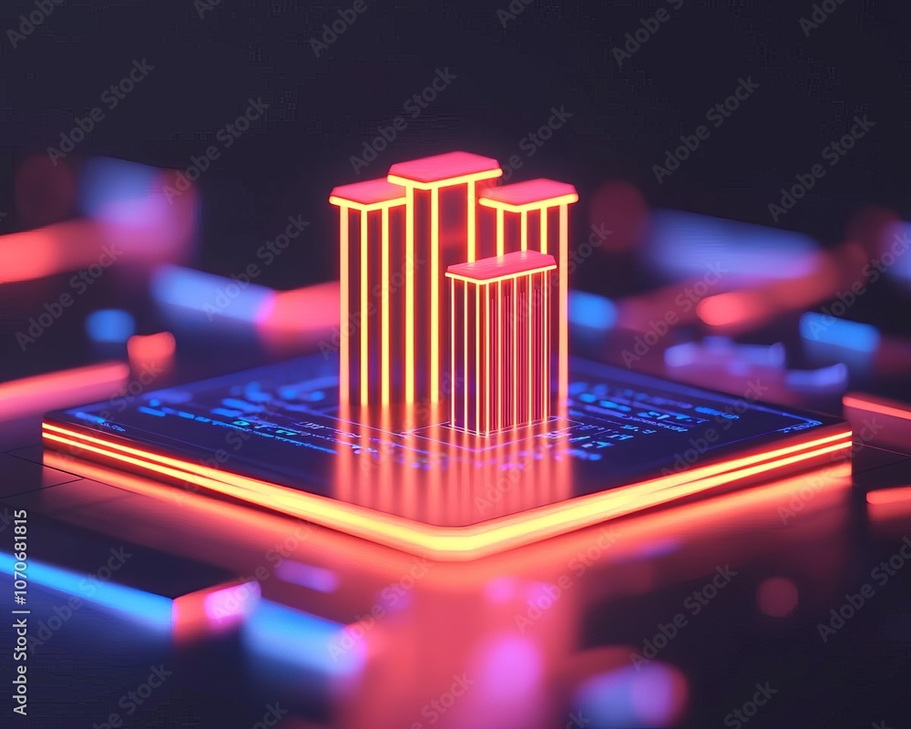 Poster glowing microchip with neon graph design on dark background, futuristic concept.