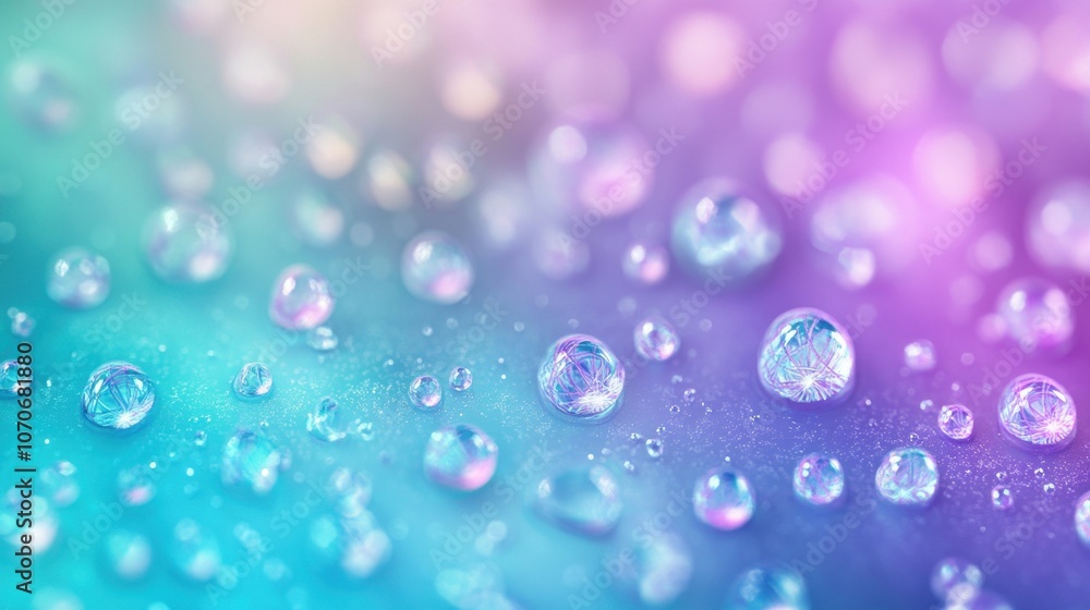 Poster a mesmerizing close-up of colorful water droplets on a shimmering surface, creating a dreamy atmosph