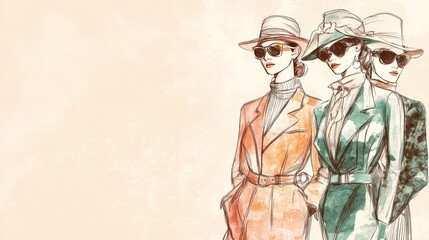 A background featuring iconic fashion figures wearing stylish high-fashion outfits