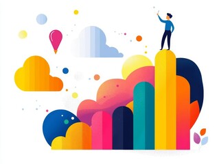 Businessman standing on colorful bars, reaching for success on white background.