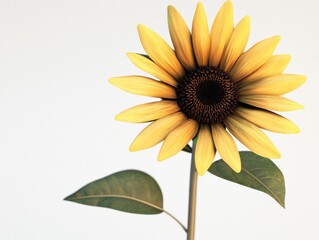 A single sunflower with bright yellow petals and a dark brown center stands out against a white background.