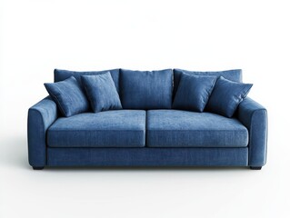 Obraz premium A plush blue sofa with five pillows sits against a white backdrop, inviting relaxation.