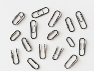 A scattering of silver paper clips on a white background.
