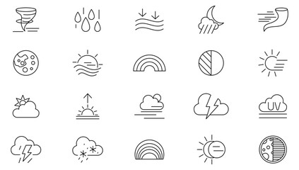 Weather and Update line icon set. Weather, rain, snowflakes, thunderstorm, update, sunny, cloudy, wind, daylight, night, temperature, sun, moon line icon set. UI thin line icon pack.