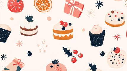 A background featuring minimalist of Christmas bakes such as fruitcakes and mince pies with gentle pastel colors