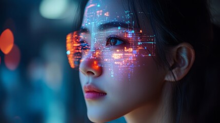 Holographic AI assistants projected onto a woman's face at a futuristic technology exhibit