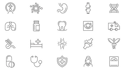 Medicine and Health line icon set. Medicine, health care, coronavirus, medicine bottles, pill dispensers, lab tests, blood donation, medical conference line icon set. UI thin line icon pack.