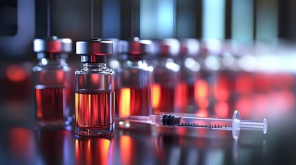 Syringe lying on a bottle with vaccine. Medical vaccination concept.. World Immunization week. Vaccine for all awareness.