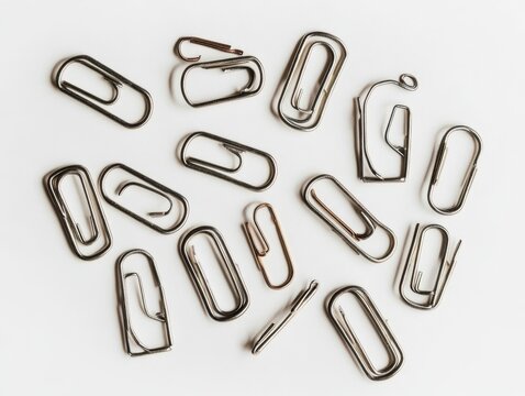 A collection of silver paper clips scattered on a white background. - Powered by Adobe