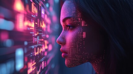 A minimalist AI head concept showcasing floating graphs in a serene futuristic setting