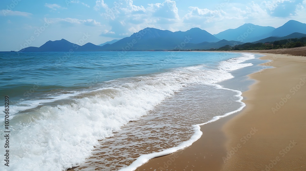Poster tranquil beach with gentle waves lapping at the shore and mountains in the background under a clear 