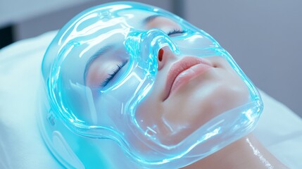 Fototapeta premium Close-up of woman receiving a modern blue LED light therapy facial treatment in a spa setting