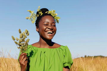 a joyful african woman in sage green attire holding dried botanicals, aesthetic casual photo