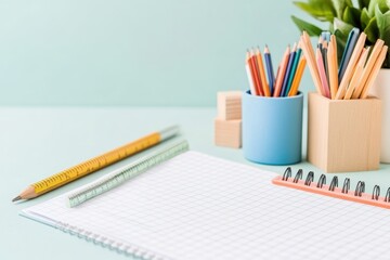 Fototapeta premium Blank Notebook and Pencils: A fresh start, a blank canvas, and the tools to bring ideas to life. A still life of a notebook, pencils, and a plant on a light blue background.