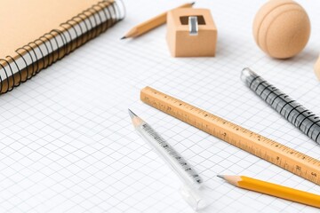 Back to School: Essential Tools for Success - A neat and organized workspace with a notebook, pencils, a ruler, a sharpener, and a wooden ball.
