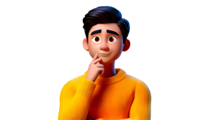 Think question doubt cartoon character young adult man boy teen person in yellow sweater on transparency background PNG