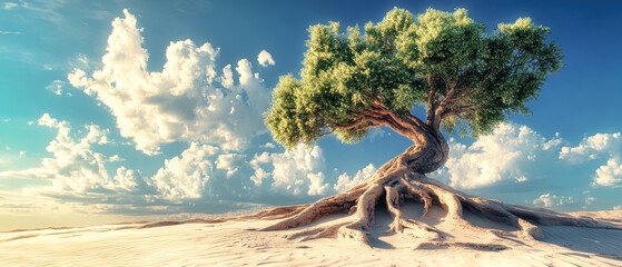 Fototapeta premium A resilient tree with deep roots thriving in a desert landscape under a vibrant blue sky, showcasing life in extreme conditions