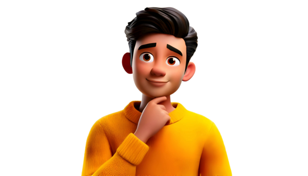 Think question doubt cartoon character young adult man boy teen person in yellow sweater on transparency background PNG