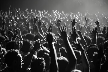 A lively concert crowd with raised hands celebrating music during an energetic performance in a dimly lit venue at night. Generative AI