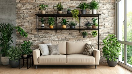 Obraz premium Modern Living Room with Stone Wall and Plants