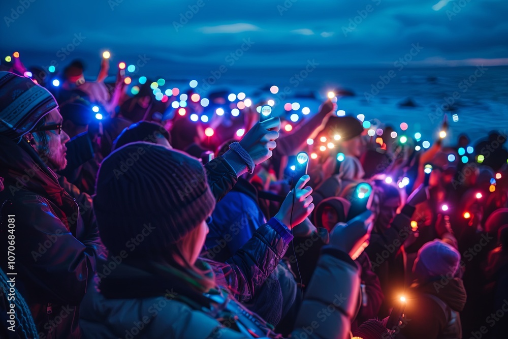 Poster crowd celebrating with colorful light displays on a beach during twilight, creating a vibrant atmosp