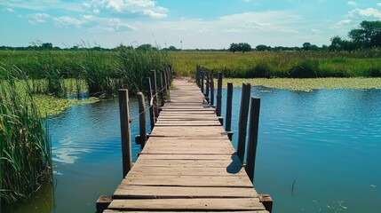Naklejka premium Wooden bridge over a calm blue river with lush green vegetation on both sides on a sunny day.