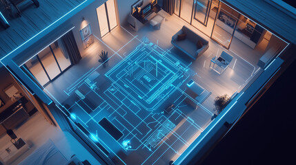 Fototapeta premium High-Tech Smart Home at Night with Glowing AI Control Panels, Wireframe Neon Connections, Aerial View of Connected Devices & Futuristic Gadgets
