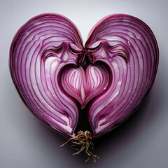 A halved red onion shaped like a heart