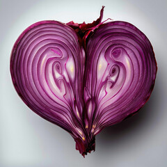 A halved red onion shaped like a heart