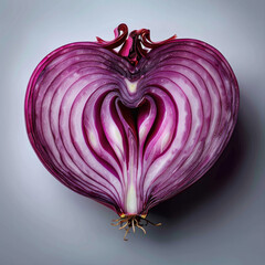 A halved red onion shaped like a heart