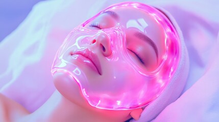Woman undergoing relaxing LED light therapy facial treatment with pink glowing mask in spa setting