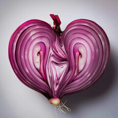 A halved red onion shaped like a heart