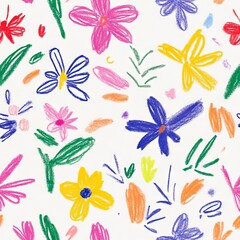 Playful crayon-style floral seamless pattern with vibrant colors, perfect for children&rsquo;s room decor and stationery