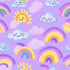 Seamless cute pattern with smiling clouds, suns, and rainbows on purple, creating a cheerful design