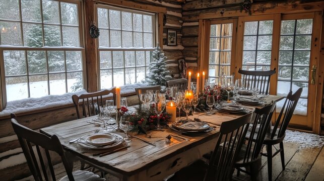 A Festive Table Setting in a Cozy Cabin with a Snowy View