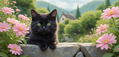 Black Cat in Flower Garden Background