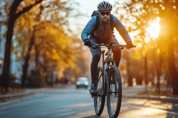 Urban Commuter Riding Down Street in Afternoon Light