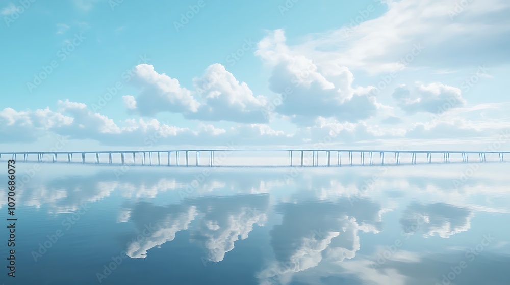 Poster a tranquil view of a serene sea reflecting a bridge under a clear sky with fluffy clouds