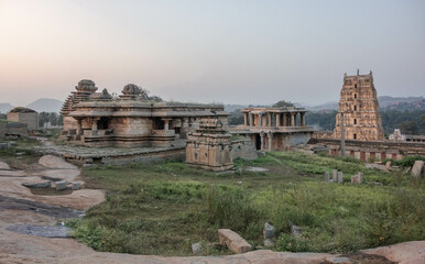 Temples on the gentle slopes of Hemakutta Hill. Hampi, India