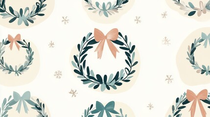 A background featuring traditional Christmas wreaths adorned with simple bows in a soft clean color palette