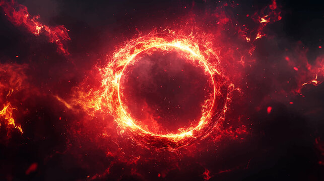 Red abstract circle plasma lightning particle effect, ring flame fire with swirling glow particles visual effect layer overlay isolated black background.