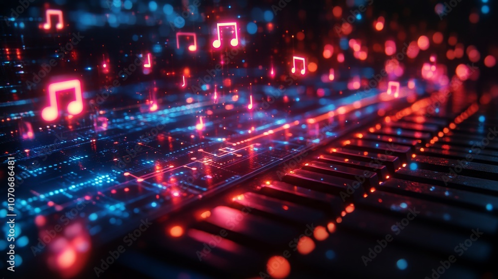 Poster a dynamic ai hologram teaching music theory concepts with visual sound representations