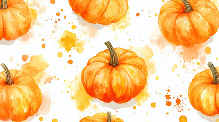 Splash watercolor illustration orange pumpkins isolated on white background. Hand drawn Farm organic autumn vegetables.