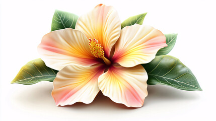 Obraz premium A single elegant flower with yellow and pink petals, surrounded by green leaves and delicate branches, isolated on a white background