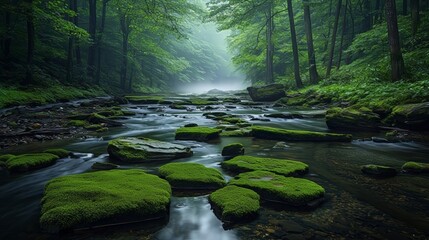 Tranquil stream flowing through a lush green forest.