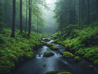 Misty forest stream flowing through lush green foliage.