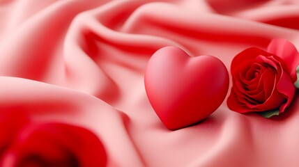 A close-up image featuring a red heart and a rose on soft, flowing fabric, perfect for themes of love, romance, or Valentine's Day, Ideal for greeting cards, invitations, or social media content,