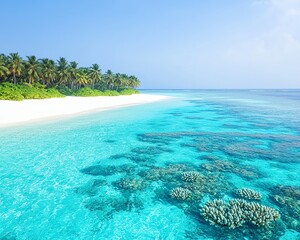 Tropical beach with palm trees and clear turquoise water.