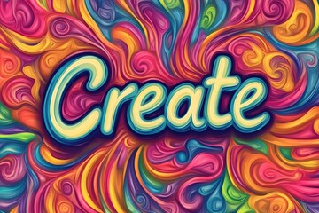 A vibrant background filled with swirling colors, featuring the word "Create" in large, bold typography that pops out of the design.